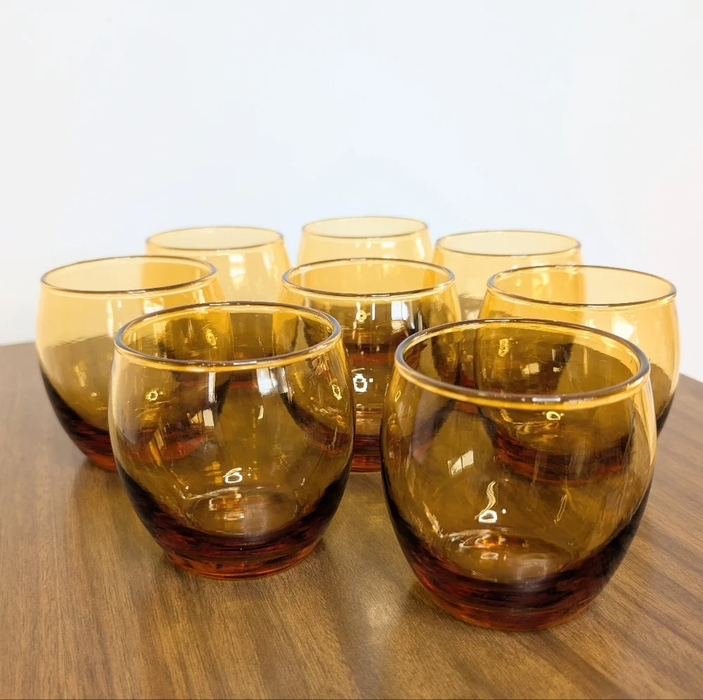 Set Of 8 Vintage 60s 70s MCM Amber Color Roly Poly Glasses Whiskey Stemless Wine
